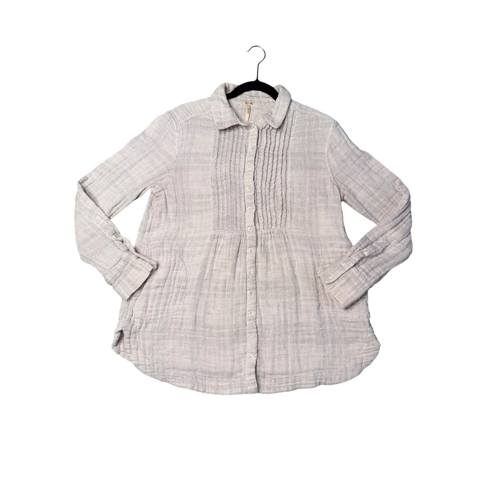 Free People Button Down Women Medium Grey‎ Beige Excellent Gauze Pintuck Plaid